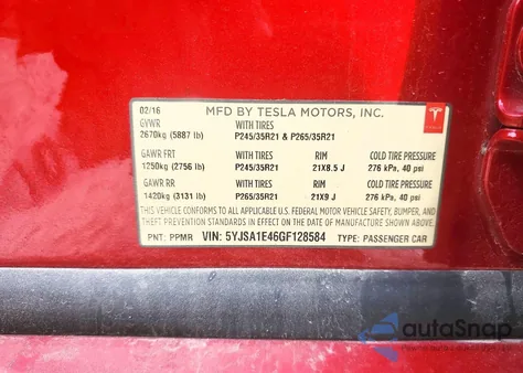 2016 Tesla Model S from USA, damaged, VIN 5YJSA1E46GF128584